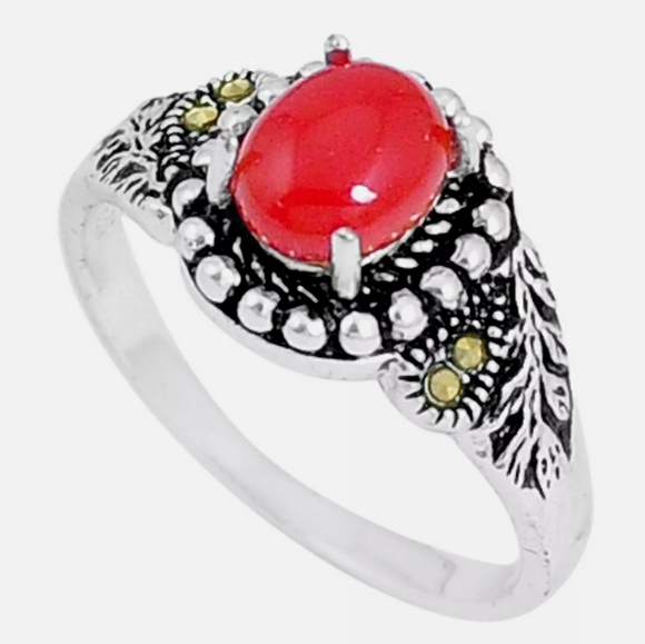 Natural Custom Red Onyx & Marcasite 925 Ring - Picture 1 of 6